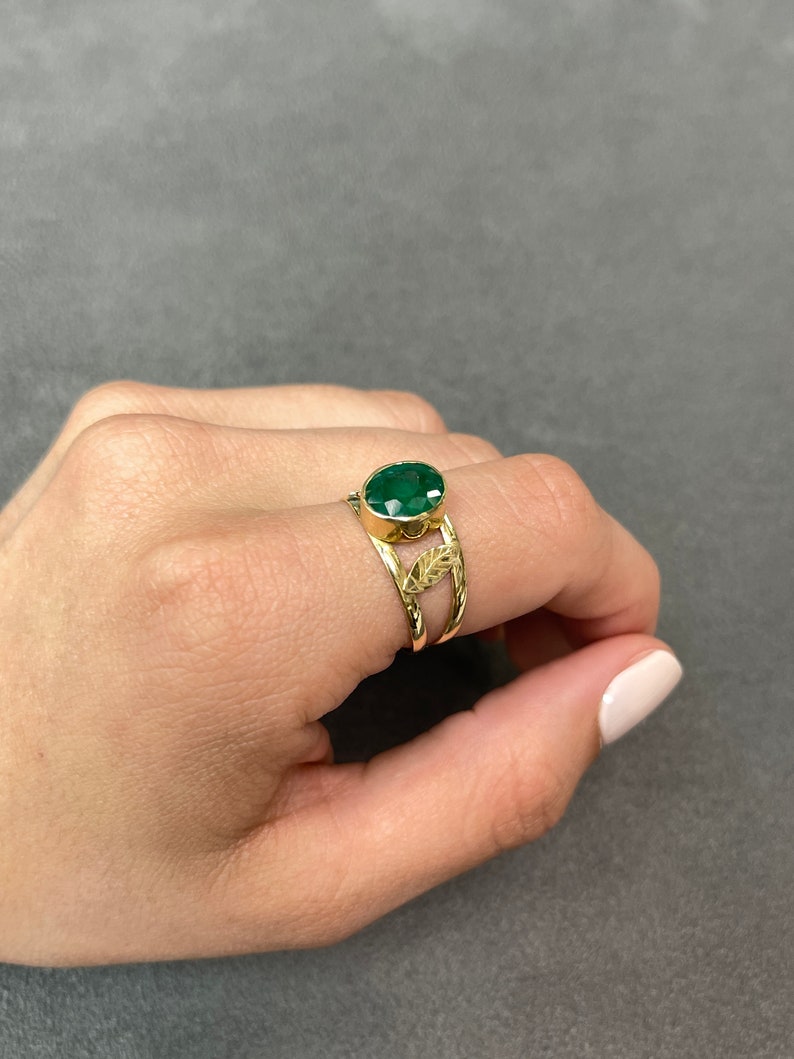 2.04ct 14K Dark Emerald Oval Cut Solitaire Floral Semi-Transparent Ring