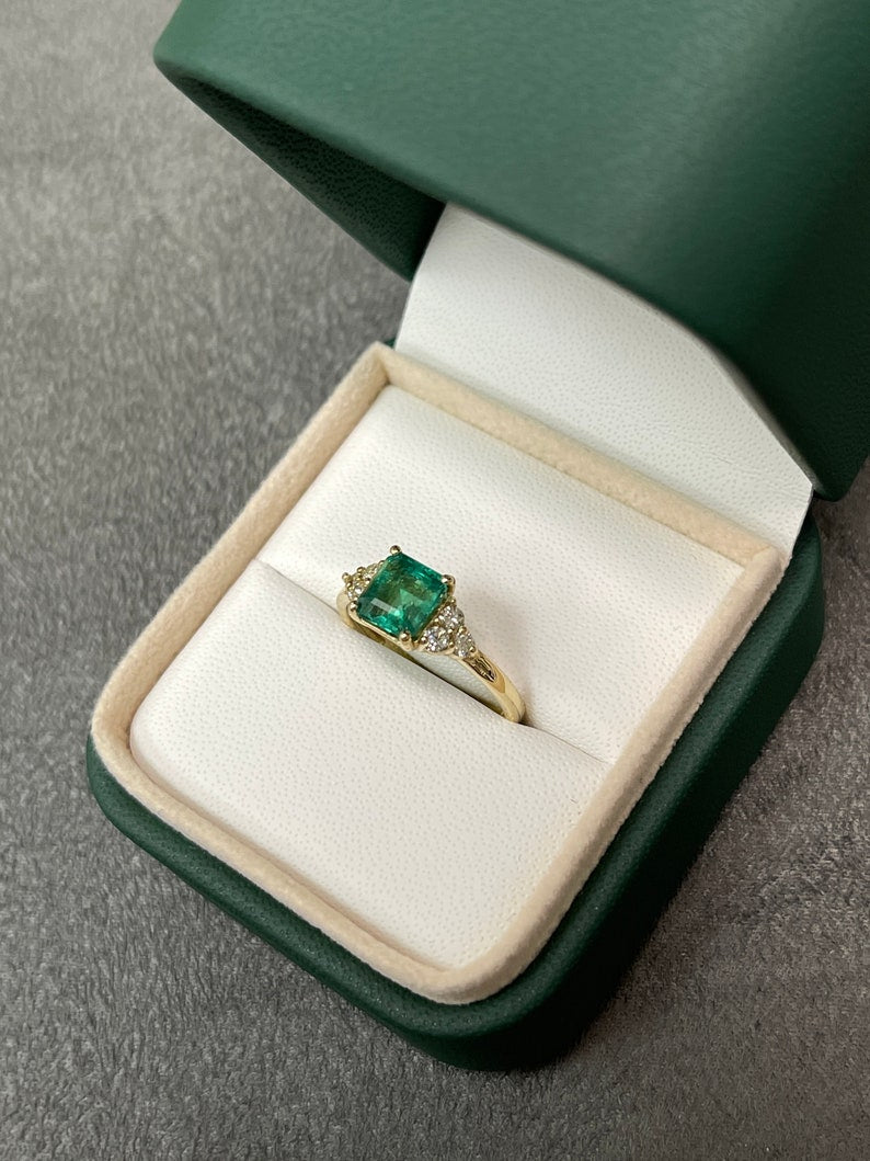 1.30tcw Green Emerald Asscher Cut & Round Diamond Accent Gold Engagement 14K Ring