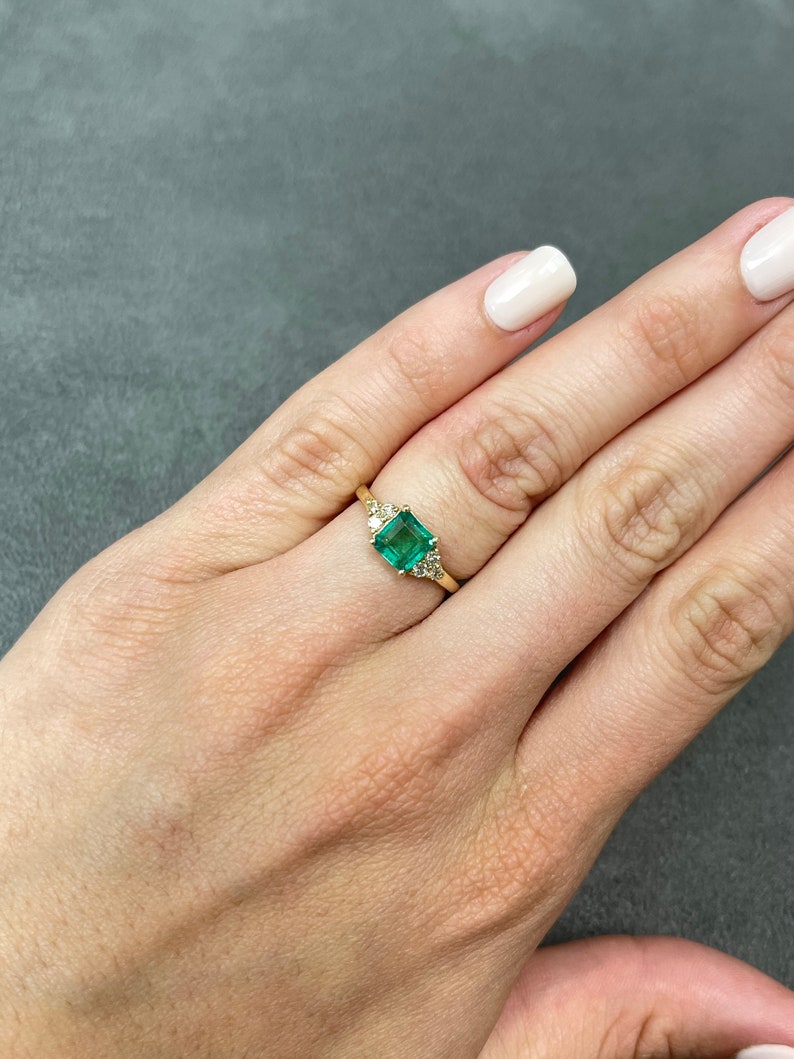 1.30tcw Emerald Asscher Cut & Round Diamond Accent Gold Anniversary 14K Ring on Hand