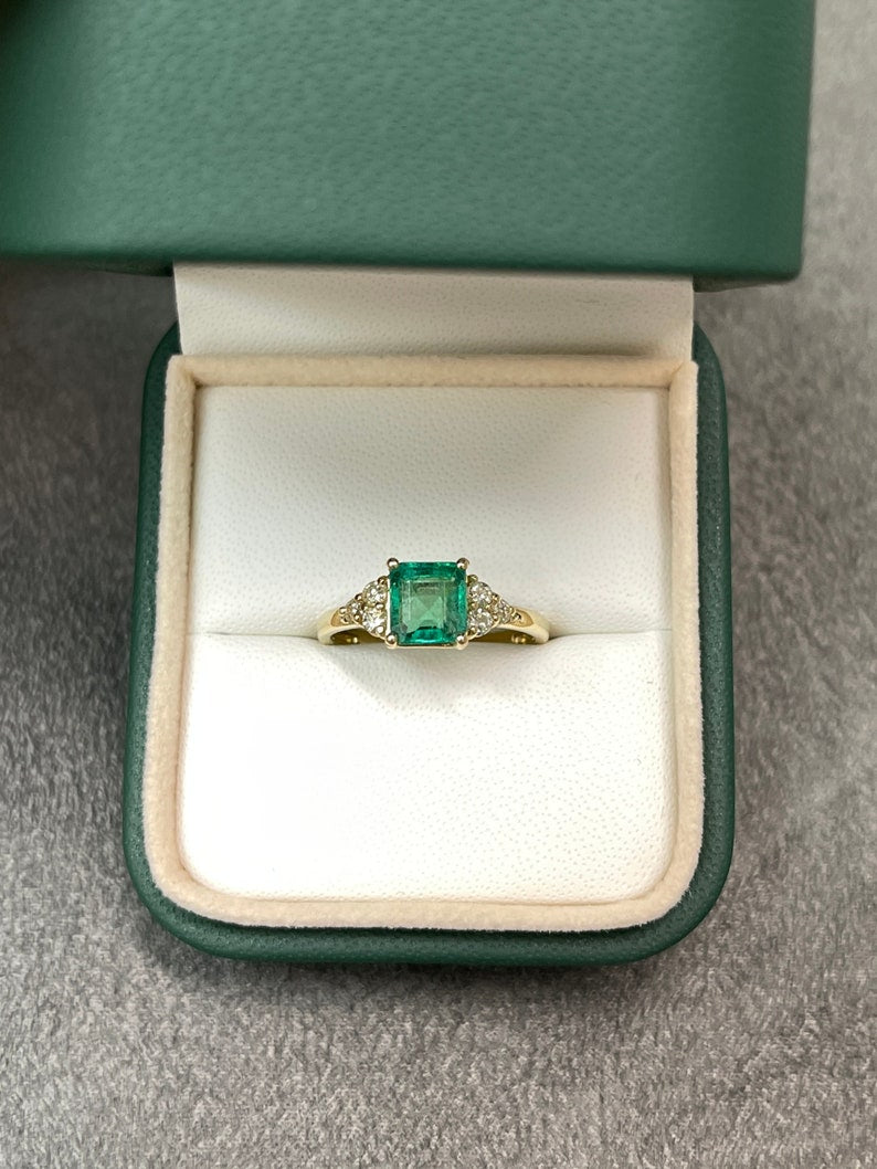 Green 1.30tcw Emerald Asscher Cut & Round Diamond Accent Gold Engagement Ring 14K Yellow Gold