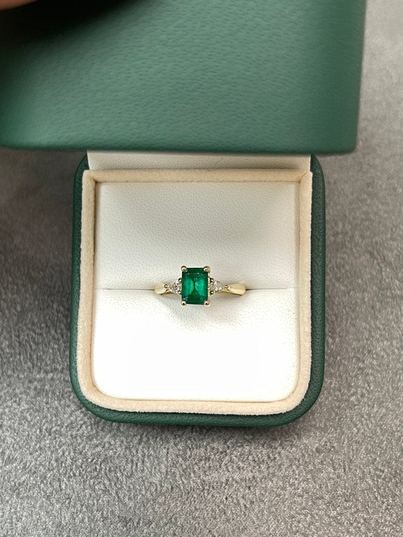 Chic and Sophisticated: Dark Green Emerald Cut & Pear Cut Diamond Three Stone 1.22tcw Engagement Ring in 14K Gold