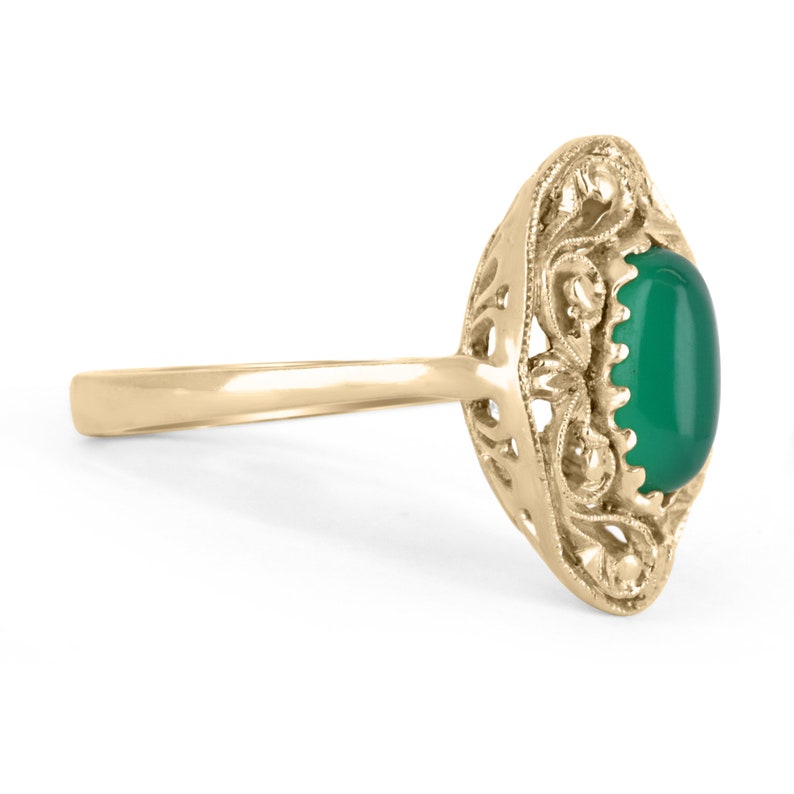 18K Natural Emerald Elongated Oval Floral Antique Ring