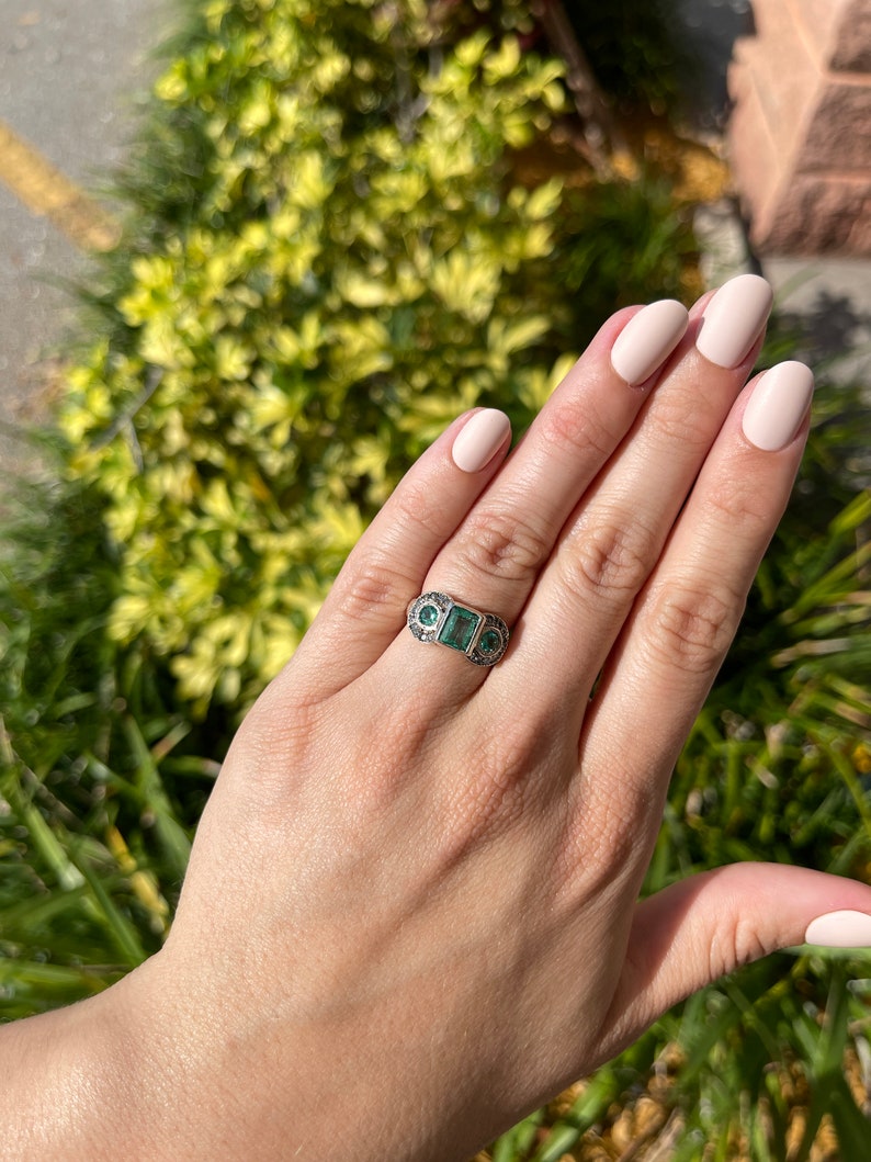  Colombian Emerald & Diamond Vintage Three Stone Statement Ring