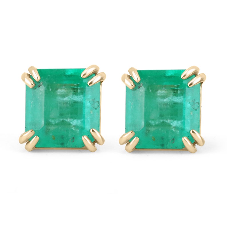 4.87tcw 14K Colombian Emerald Asscher Cut Double Prong Stud Earrings