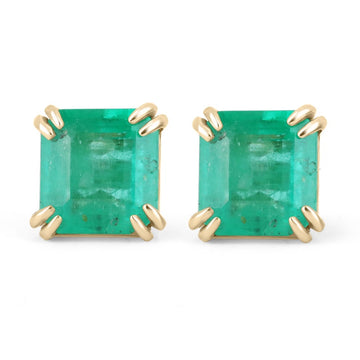 4.87tcw 14K Colombian Emerald Asscher Cut Double Prong Stud Earrings