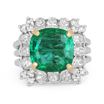 6.79tcw 18K Emerald & Diamond Cushion Cut & Brilliant Round Semi-Transparent Cocktail Ring