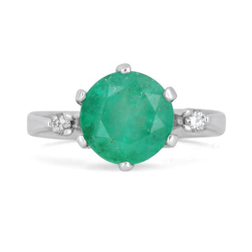 Royal Radiance: 3.21tcw Colombian Emerald Round Cut & Diamond Accent Three Stone Ring in 14K Gold