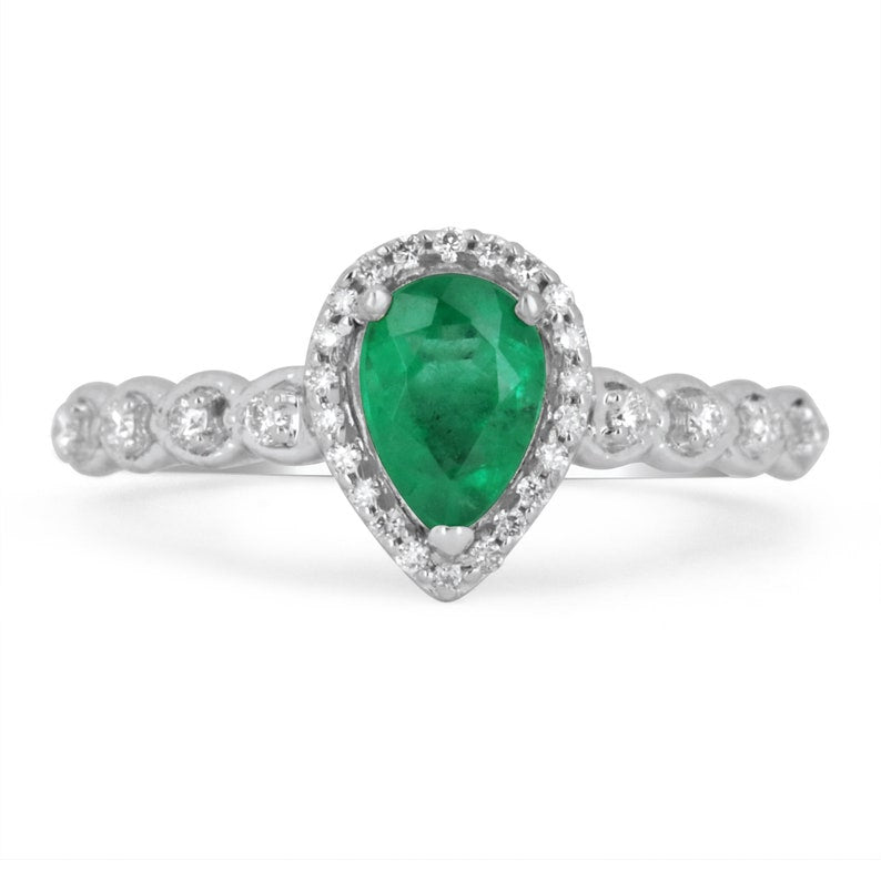 Colombian Elegance: 1.10tcw 14K Colombian Emerald Pear Cut Halo Engagement Ring