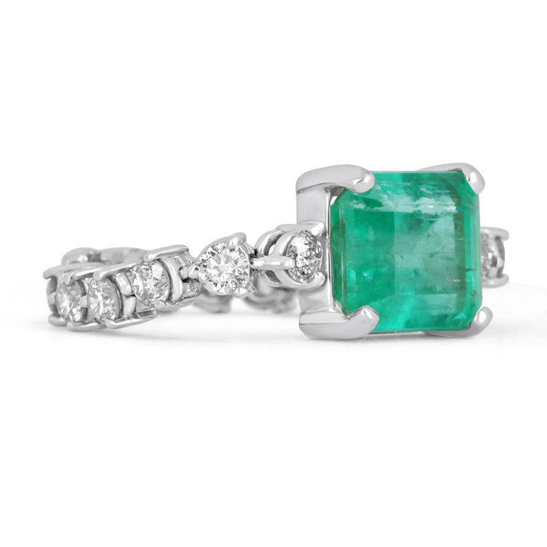  Colombian Emerald Cut & Diamond Shank White Gold Engagement Ring