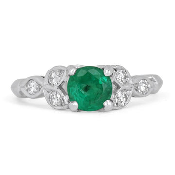 Floral Elegance: 0.96tcw Colombian Emerald & Round Cut Diamond Floral Ring in 14K Gold