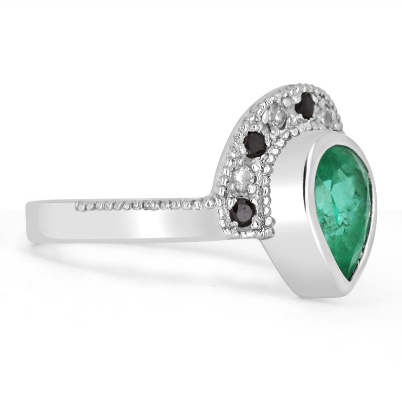14K Emerald Pear Cut Black Diamond Tiara Ring