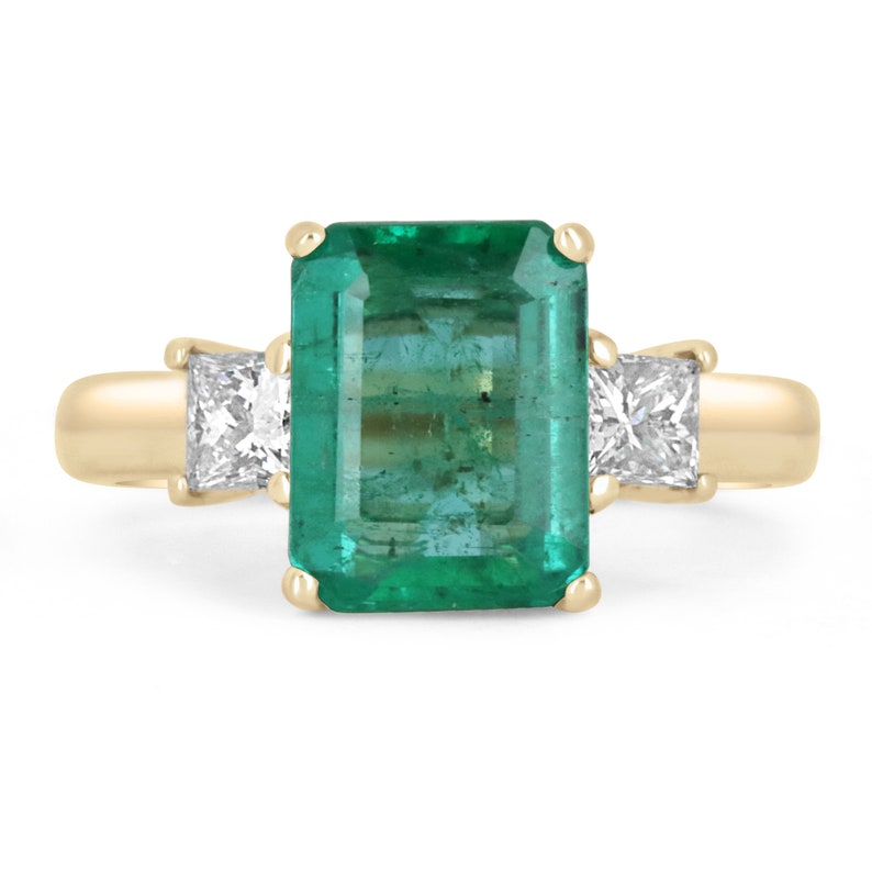 4.17tcw 14K Natural Emerald Princess Cut Diamond Three Stone Semi-Transparent Ring