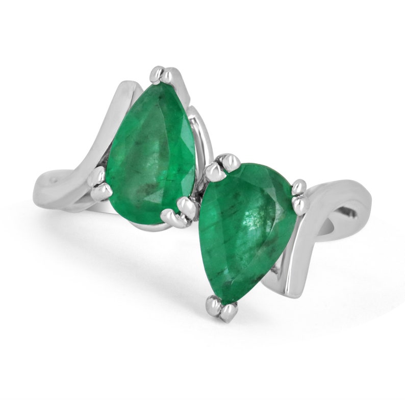 1.70tcw 18K Colombian Emerald Pear Cut White Gold Dual Statement Ring