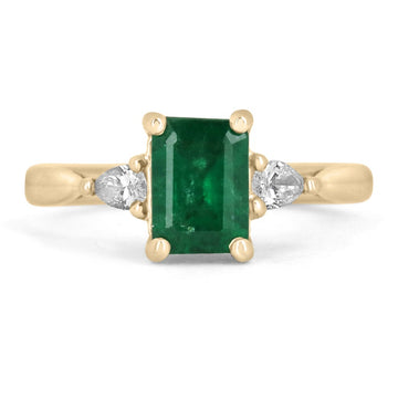 Enchanting Trio: 1.22tcw Dark Green Emerald Cut & Pear Cut Diamond Three Stone Engagement Ring in 14K Gold