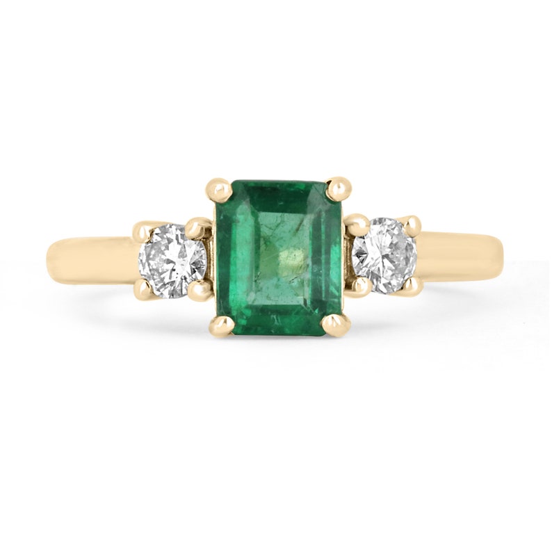Elegance in Transparency: 1.25tcw 14K Emerald Three Stone & Brilliant Round Diamond Ring