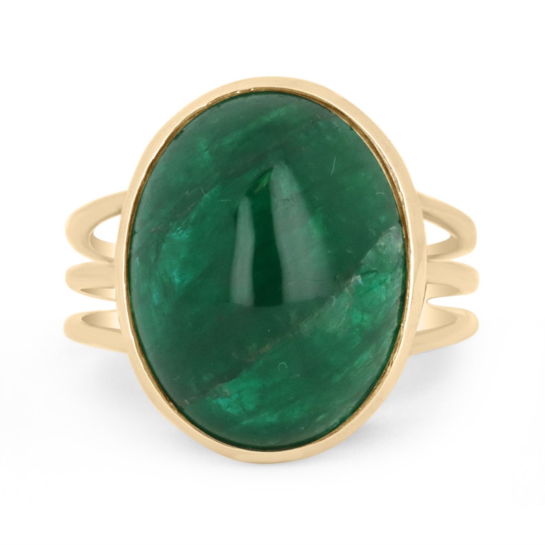 15.77ct 14K Statement Colombian Emerald Oval Cabochon Cut Solitaire Triple Shank Vintage Gold Ring