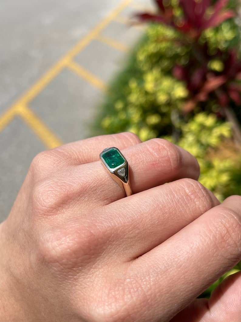2.05tcw 14K Dark Green Emerald & Trillion Cut Three Stone Diamond Ring