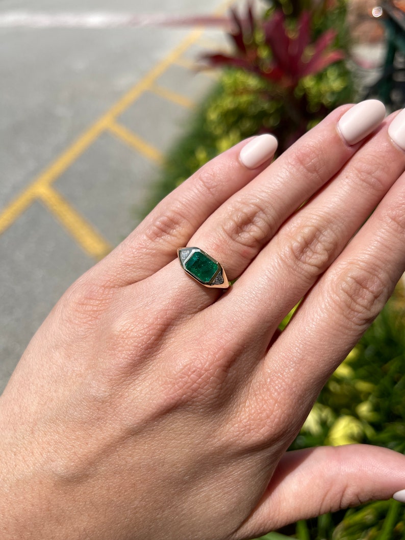  Dark Green Emerald & Trillion Cut Three Stone Diamond Gypsy Ring