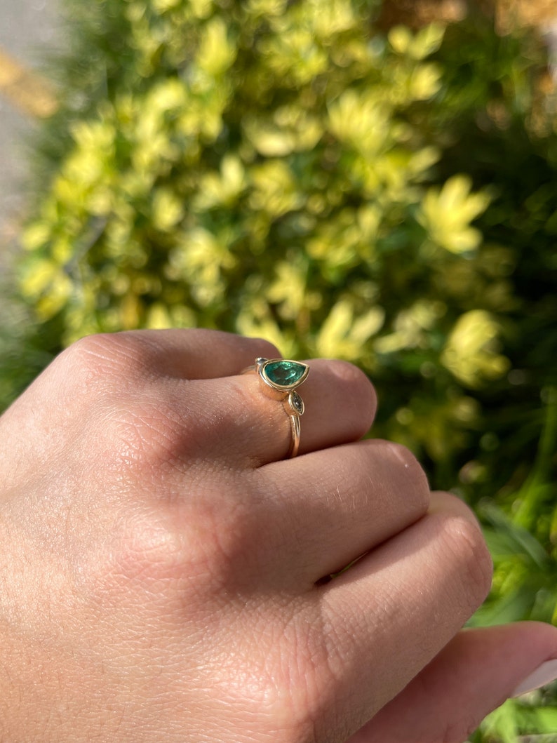 1.17tcw Bezel Set Pear Natural Colombian emerald and Marquise Diamond Three Stone Engagement Ring 14K Gold