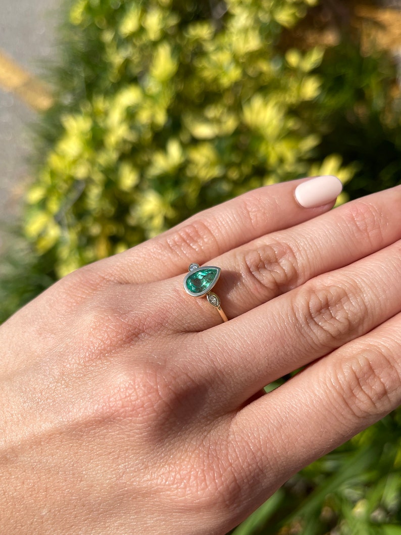 Bezel Set 1.17tcw Pear Natural Colombian emerald and Marquise Diamond Three Stone anniversary Ring 14K