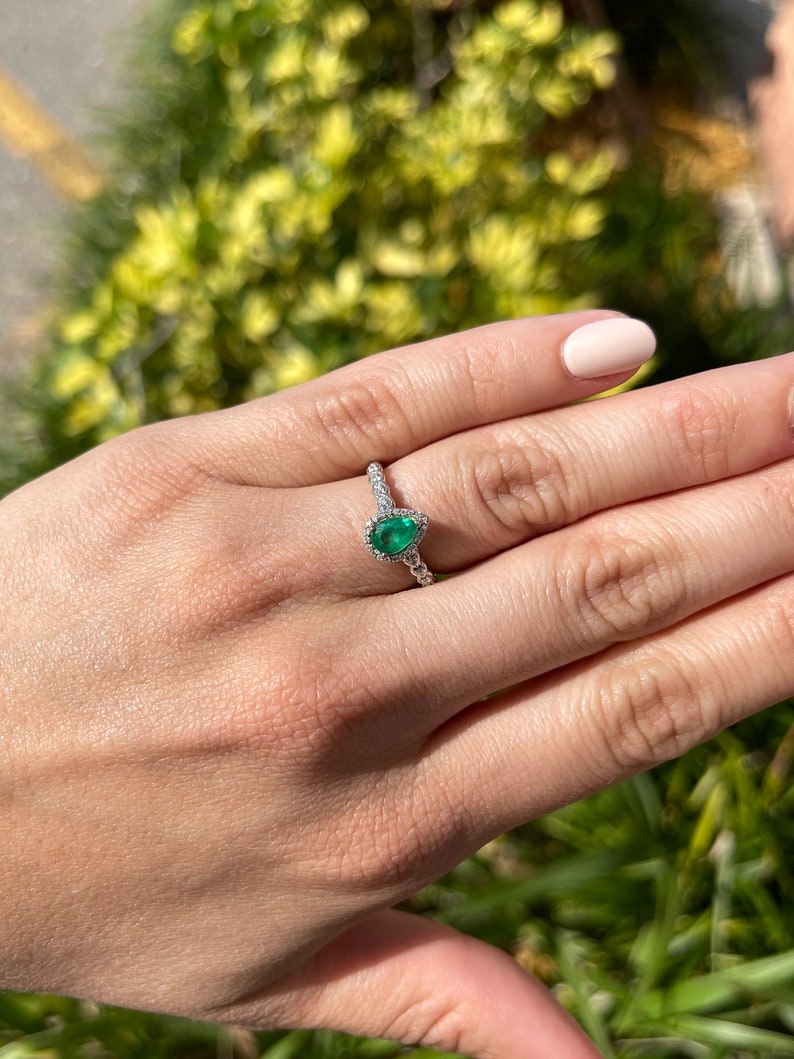 Radiant 14K Gold Ring with 1.10tcw Colombian Emerald Pear Cut - Timeless Halo Charm