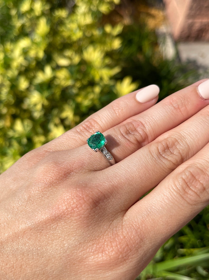 14K Natural Emerald & Diamond Cushion Cut Solitaire Ring on Hand