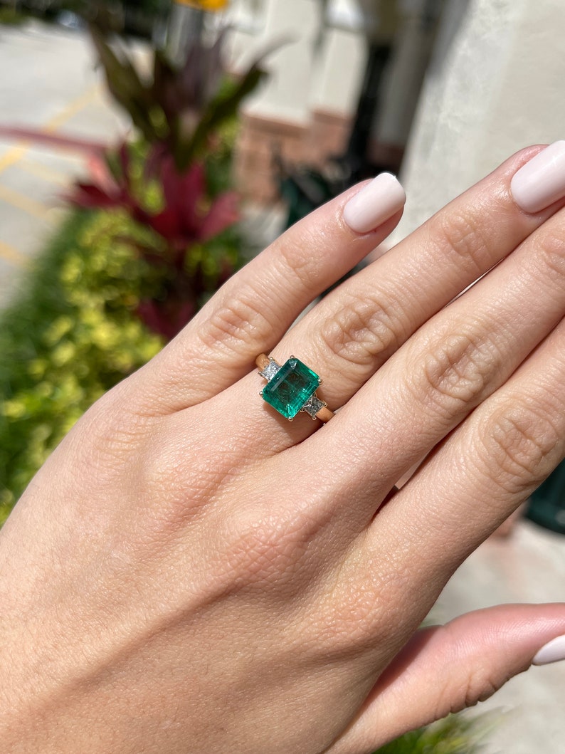 Emerald Diamond Three Stone Semi-Transparent Ring
