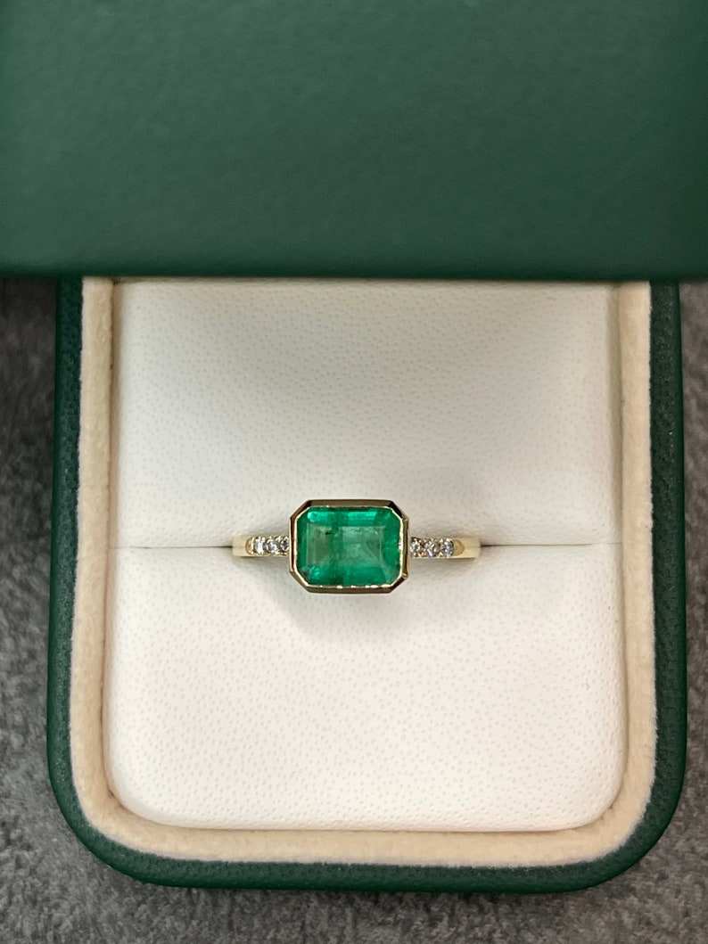 1.15tcw Natural Emerald Cut & Diamond Accent Bezel Set Ring 14K