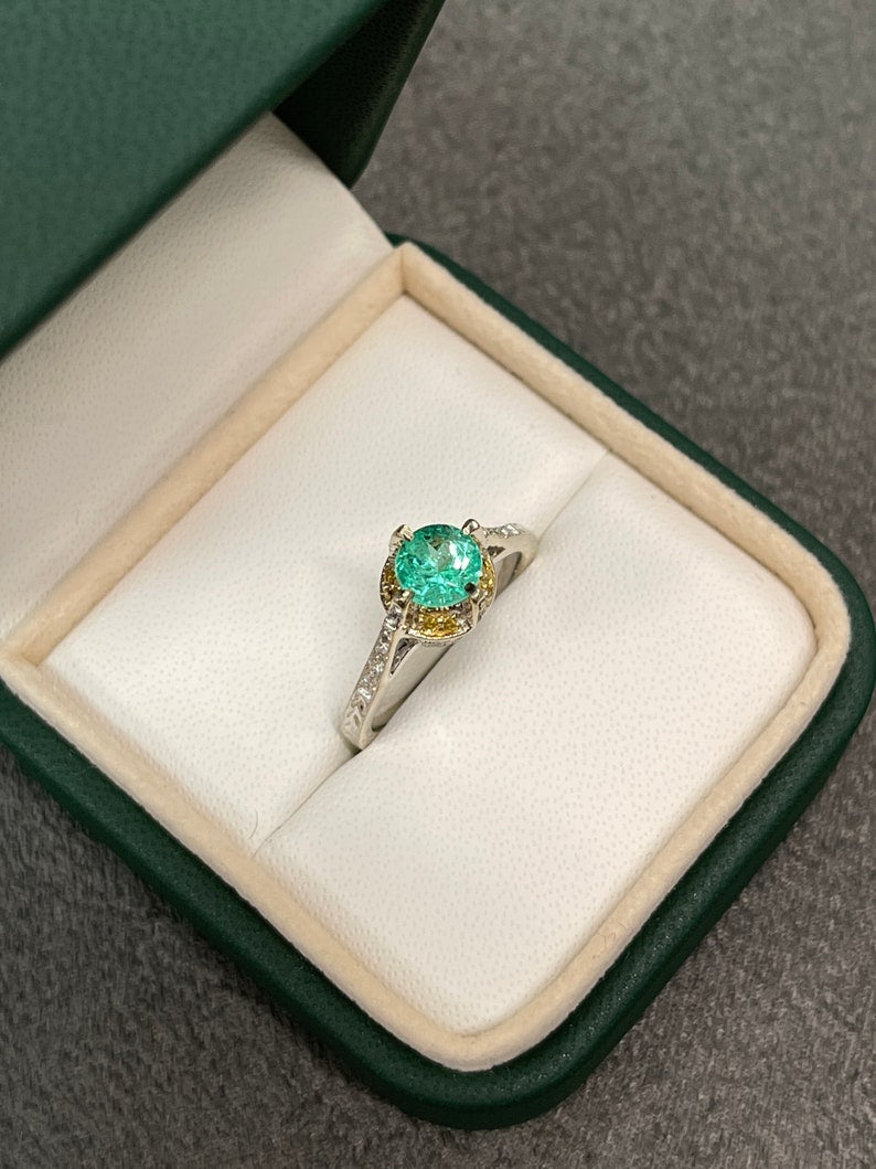 1.15tcw 14K Colombian Emerald Round Cut & Diamond Accent Engagement Ring