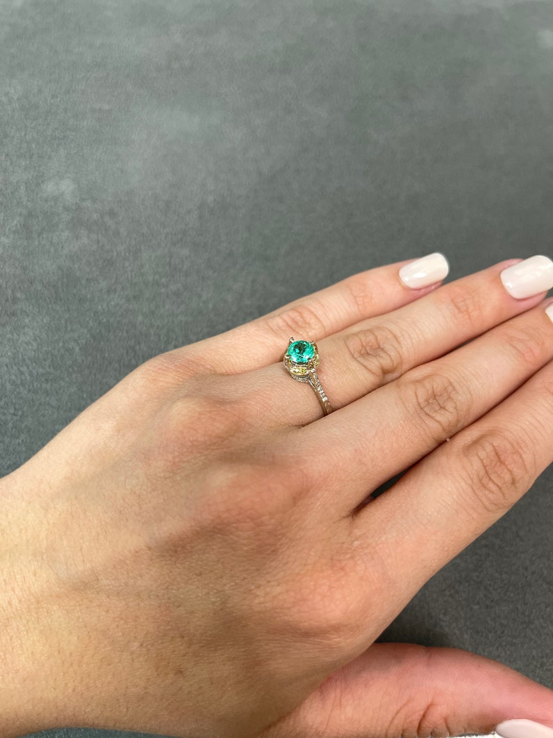 Colombian Emerald Round Cut & Diamond Accent Engagement Ring