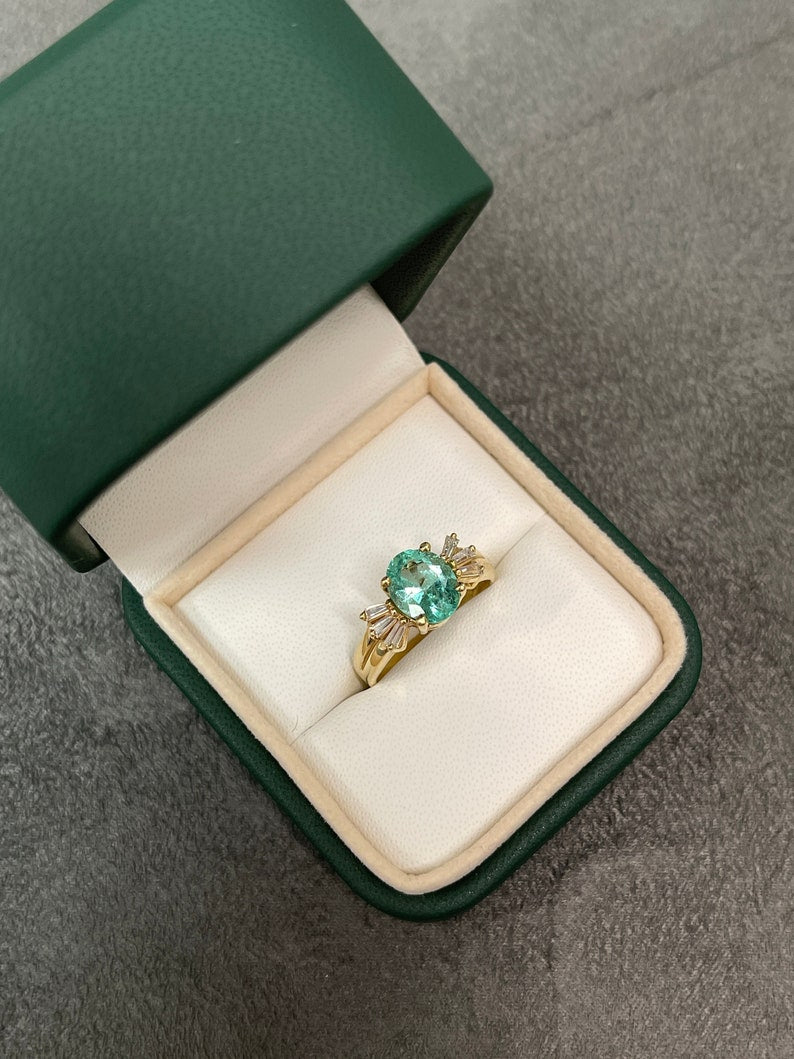 2.20tcw Colombian Emerald Oval Cut & Baguette Diamond seven Stone Engagement Ring 14K gold gift