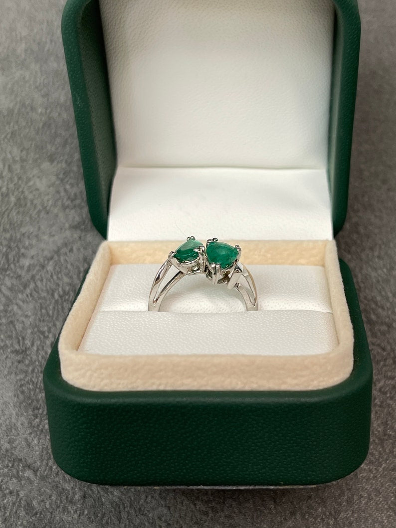 18K Colombian Emerald Pear Cut White Gold Dual Statement Ring