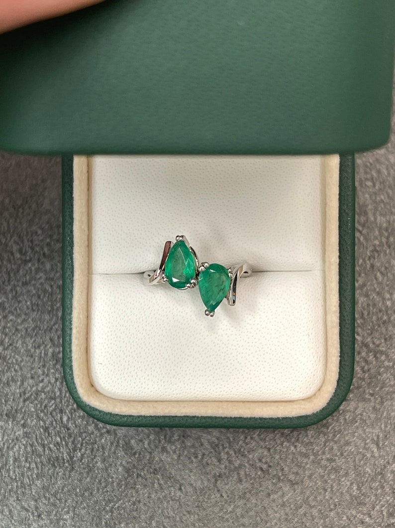 Colombian Emerald Pear Cut White Gold Dual Statement Ring