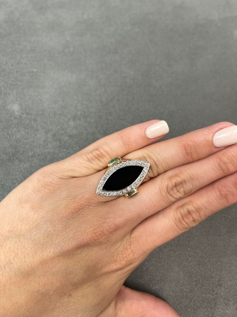  Colombian Emerald Marquise Cut Halo Onyx Cocktail Ring