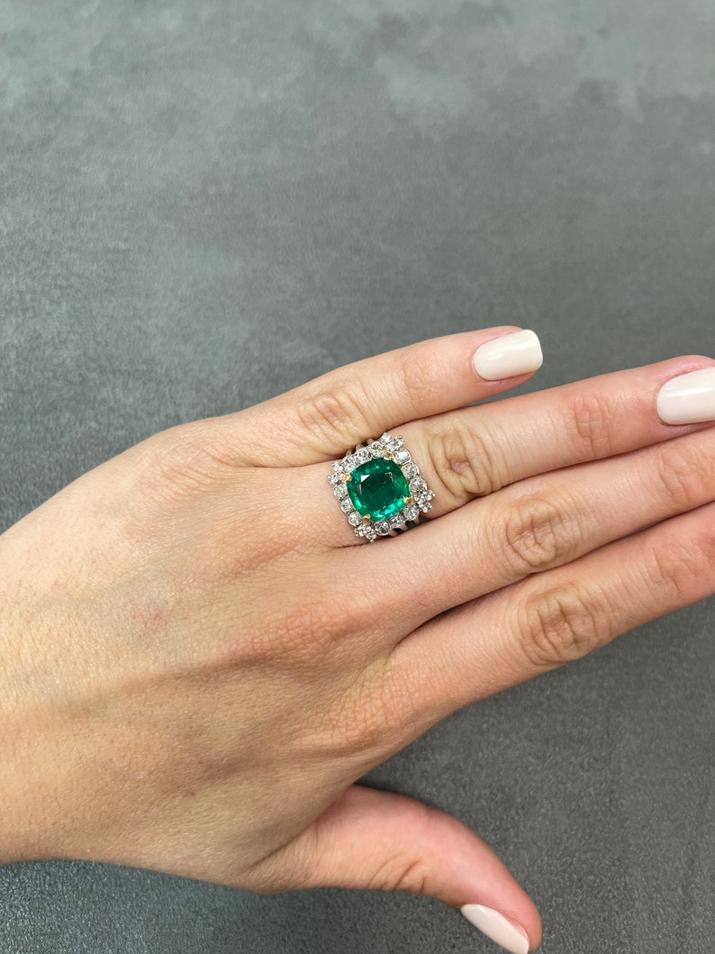  Emerald & Diamond Cushion Cut & Brilliant Round  Cocktail Ring
