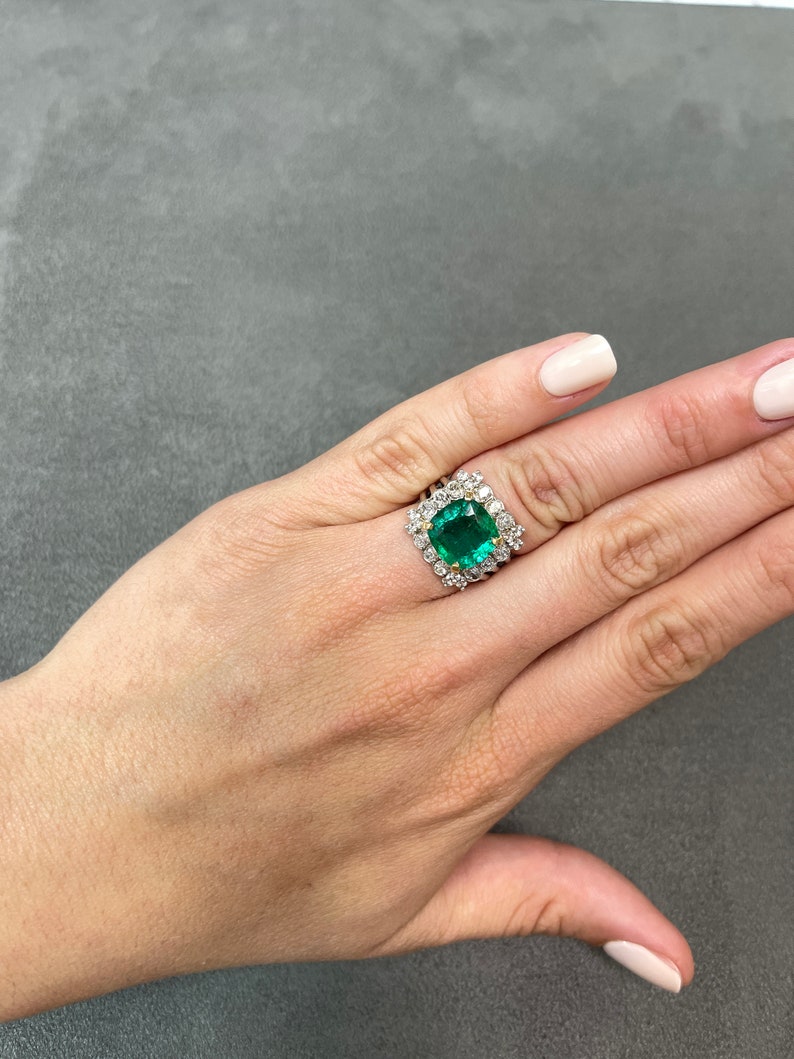 Emerald Cushion Cut & Brilliant Round Semi-Transparent Cocktail Ring