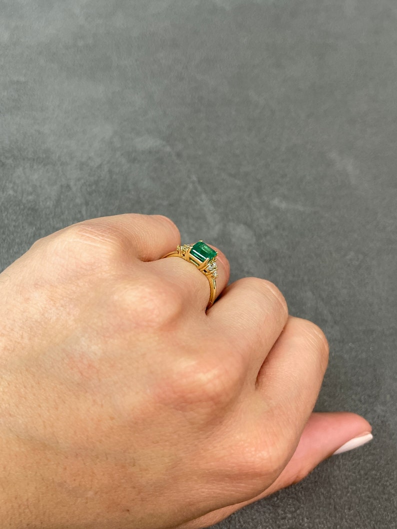 1.30tcw Emerald Asscher Cut & Round Diamond Accent Gold engagement 14K Ring yellow gold