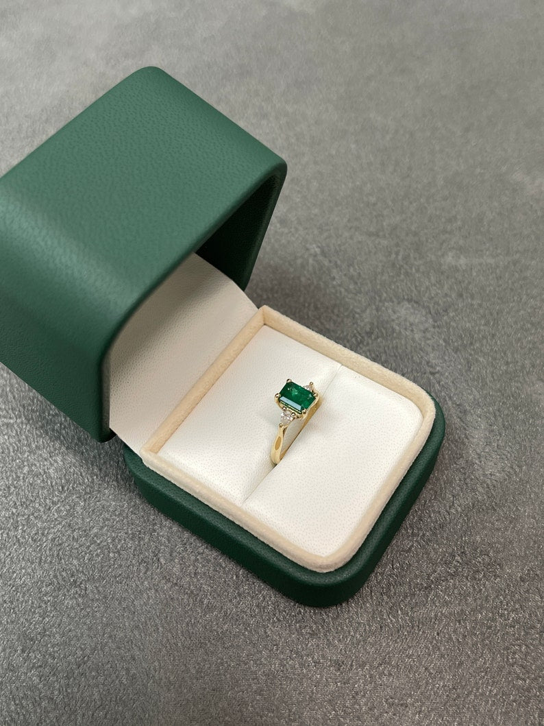 1.22tcw geniune Emerald Cut & Pear shape Diamond 3 Stone Engagement Ring 14K