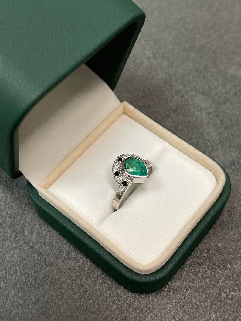 Emerald Pear Cut Black Diamond Tiara Ring