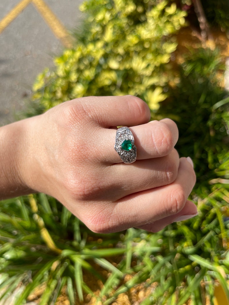 0.90tcw 14K Colombian Emerald Trilliant Cut & Diamond  Statement Ring