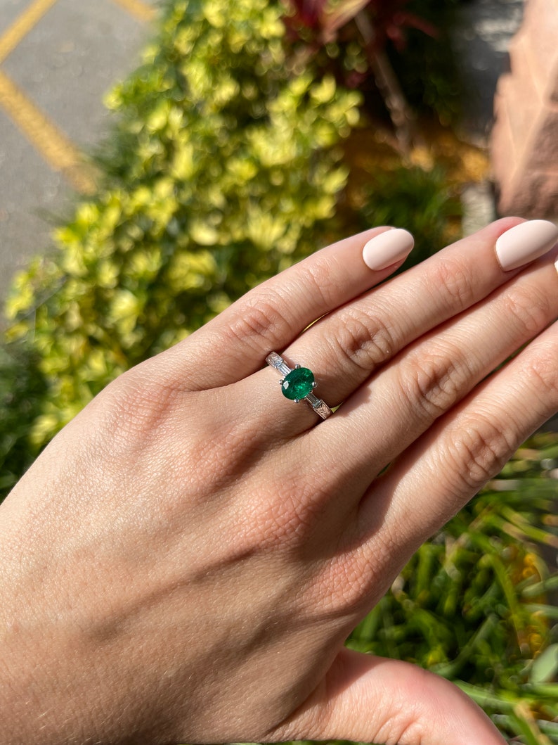 14K Emerald Five Stone Natural Oval Cut & Diamond Baguette Ring