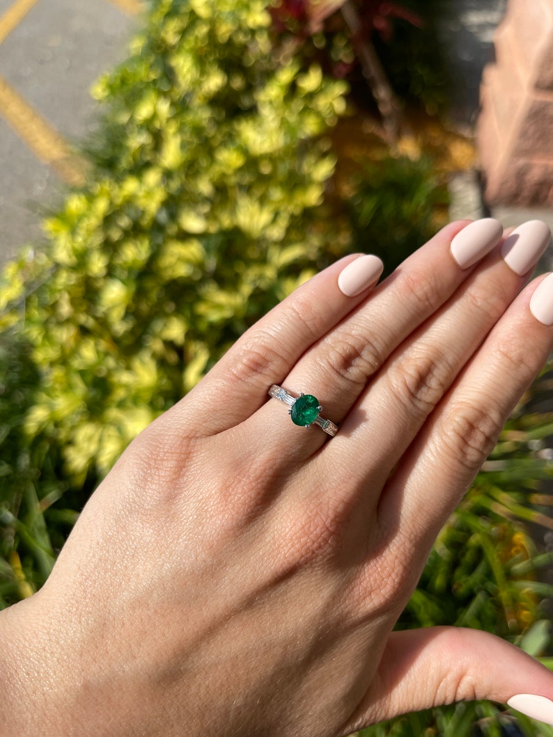 1.17tcw 14K Emerald Five Stone Natural Oval Cut & Diamond  Ring