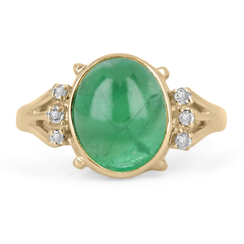 3.36tcw 14K Natural Emerald Oval Cut Cabochon and Diamond Statement Ring