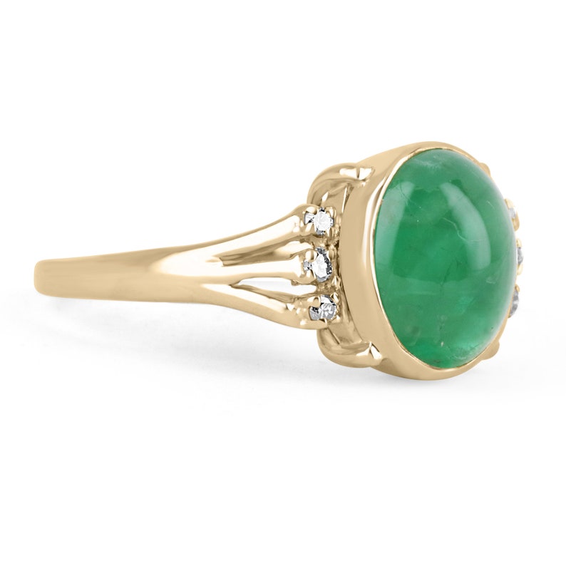 Natural Emerald Oval Cut Cabochon and Diamond Statement Ring