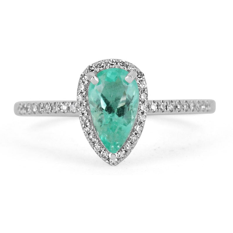 Elegant Charm: 1.15tcw Colombian Emerald Pear Cut Engagement Ring in 14K Gold