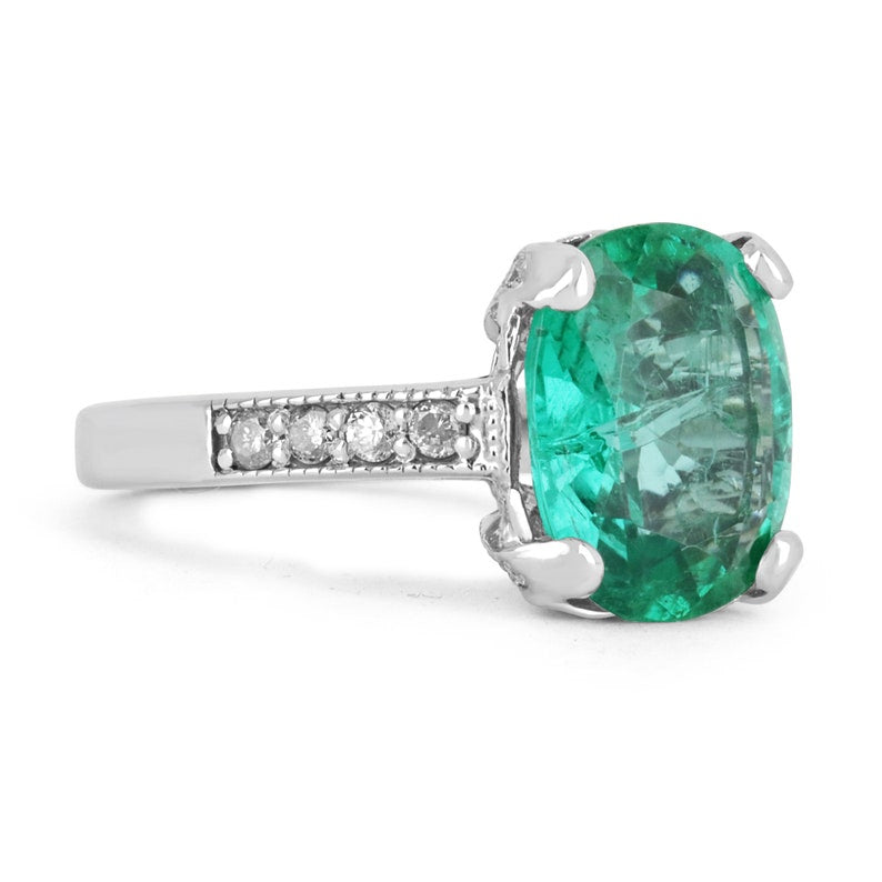 Natural Emerald & Diamond Cushion Cut Solitaire Ring