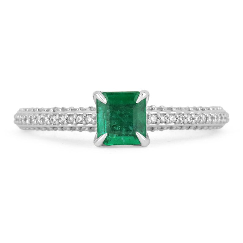 1.0tcw 14K Natural Emerald & Diamond Asscher Cut Engagement Ring