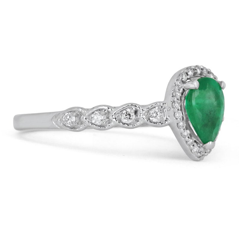 1.10TCW Colombian Emerald Pear Cut Halo Engagement Ring