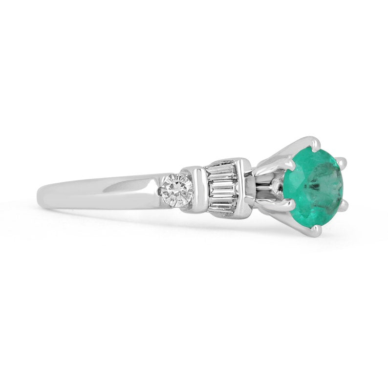 Dazzling Brilliance: 1.10tcw 14K Colombian Emerald Round Cut & Tapered Baguette Semi-Transparent Ring