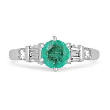 Colombian Elegance: 1.10tcw 14K Colombian Emerald Round Cut & Tapered Baguette Semi-Transparent Ring